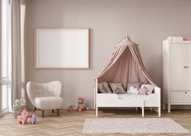 istock Empty horizontal picture frame on beige wall in modern child room. Mock up interior in contemporary, scandinavian style. Free, copy space for picture. Bed, toys. Cozy room for kids. 3D rendering. 1413971917