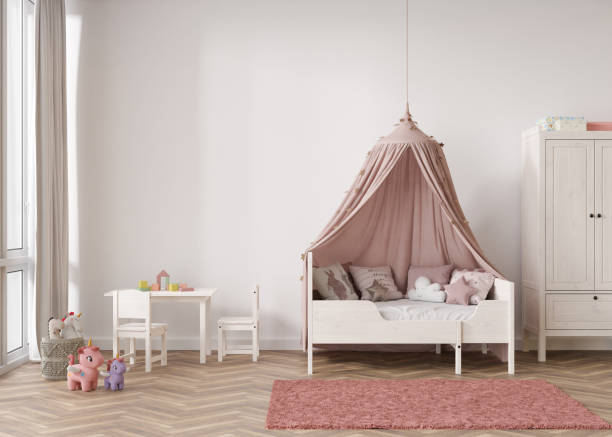 istock Empty white wall in modern child room. Mock up interior in contemporary, scandinavian style. Copy space for your picture or poster. Bed, table, toys. Cozy room for kids. 3D rendering. 1413971925