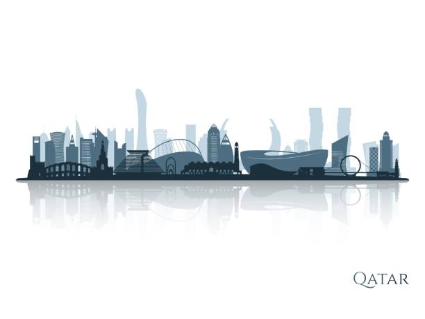 Qatar 01-1 (Black and white) Qatar skyline silhouette with reflection. Landscape Qatar. Vector illustration. qatar stock illustrations