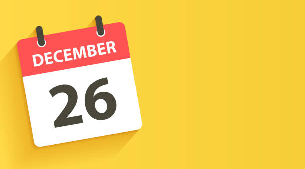 December 26 - Daily Calendar Icon in flat design style December 26. Calendar Icon with long shadow in a Flat Design style. Daily calendar isolated on a wide yellow background. Horizontal composition with copy space. Vector Illustration (EPS file, well layered and grouped). Easy to edit, manipulate, resize or colorize. Vector and Jpeg file of different sizes. number 26 stock illustrations