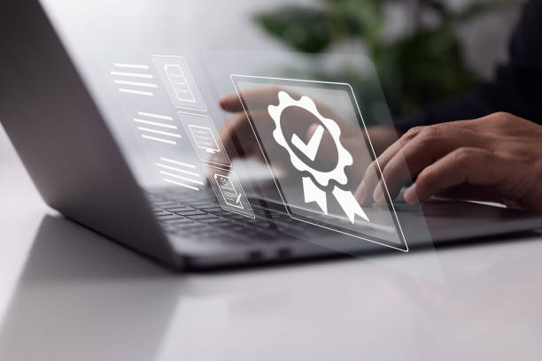 istock Businessman dealing with the quality assurance, guarantee, standards, ISO certification, and standardization idea. 1413973956