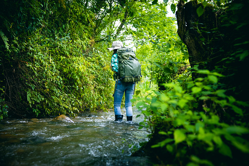Female hiker crossing the stream in forest
