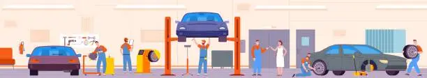 Vector illustration of Professional car workshop. Mechanical maintenance automotive garage, cars service interior auto lift vehicle repair, technician automobile