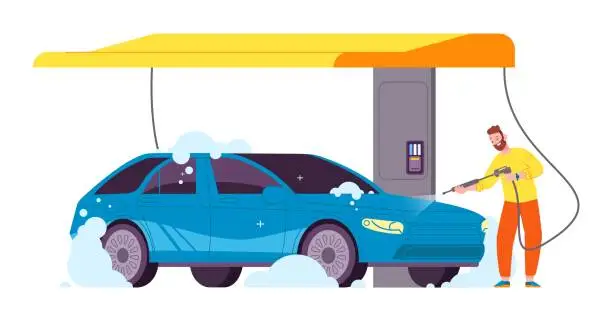 Vector illustration of Self-service car wash. City self carwash service, jet water cleaning equipment high pressure system for washing auto transport, care machine station, splendid vector illustration