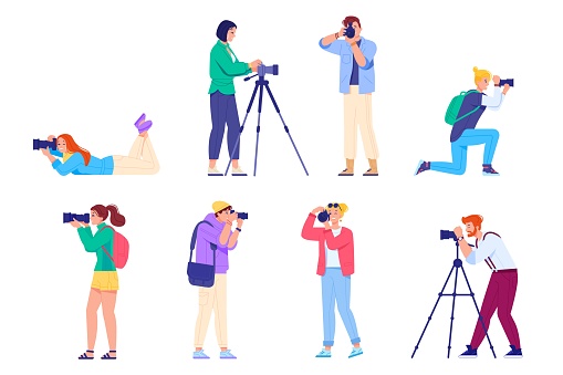 Paparazzi characters. Creative photographers taking photo, photograph hobby travel journalist cameraman shoot film premiere making studio media picture, vector illustration of paparazzi with camera