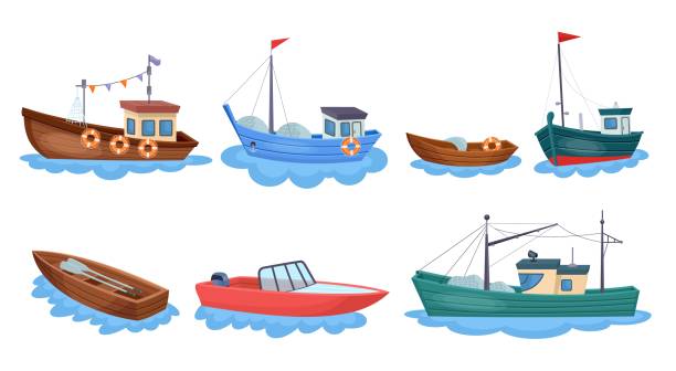 Boats with fishing nets. Fisherman boat marine ship sea ocean fisheries for fish production industrial seafood shippings water vessel fishery towboat, neoteric vector illustration Boats with fishing nets. Fisherman boat marine ship sea ocean fisheries for fish production industrial seafood shippings water vessel fishery towboat, neoteric vector illustration of sea boat set nautical vessel stock illustrations