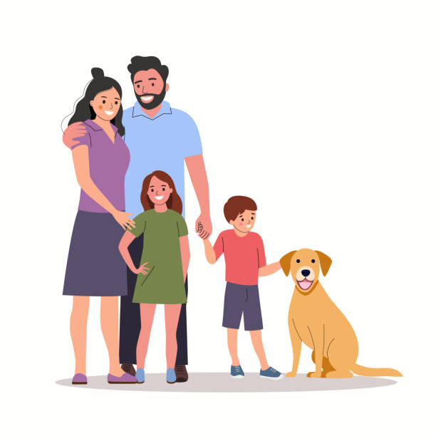 illustrations, cliparts, dessins animés et icônes de mère et père avec enfants et chien. famille heureuse isolée. illustration vectorielle de style plat - famille