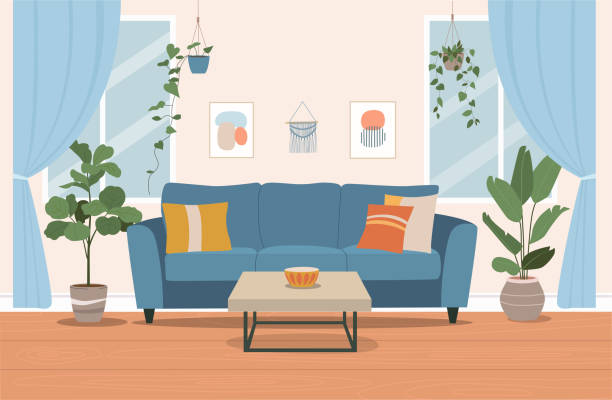 illustrations, cliparts, dessins animés et icônes de intérieur du salon. chaise confortable, canapé et plantes d’intérieur. illustration vectorielle plate - living room