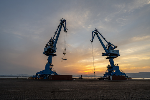 The cargo port in the evening is in Fujian, China