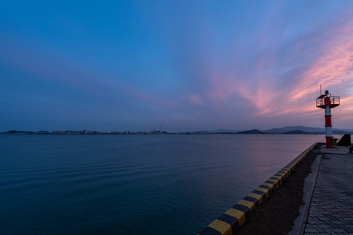 The cargo port in the evening is in Fujian, China