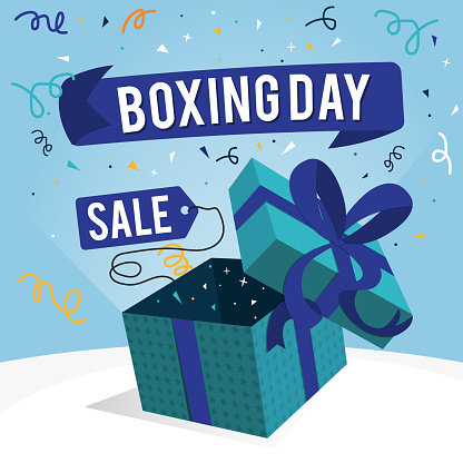 Opened Gift Box with light shining Boxing Day December 26th illustration on abstract background