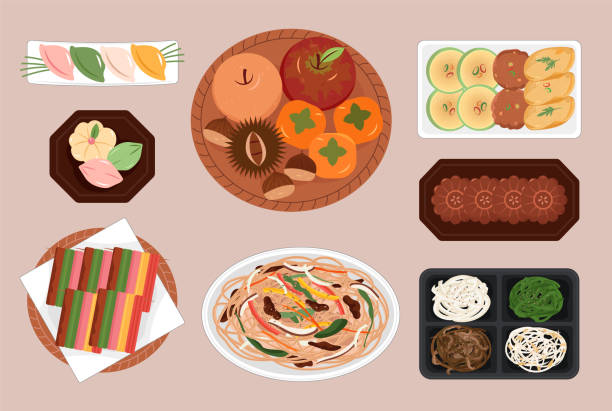 한국 추석의 전통 휴일 음식. - chuseok stock illustrations