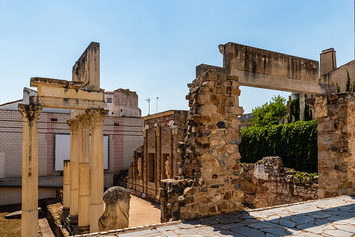 Roman Temple of Diana in Merida, Spain. Columns with capital in Corinthian style