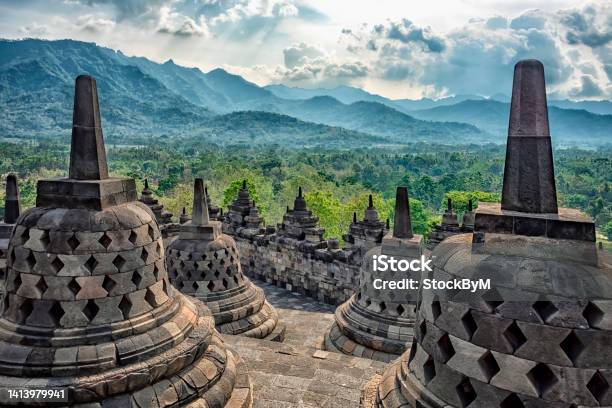 Borobudur Complex In Central Java Indonesia Stock Photo - Download Image Now - Indonesia, Borobudur, Prambanan Temple