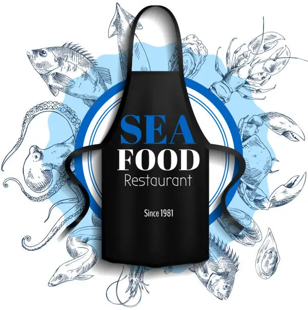 Vector illustration of Apparel for cooking seafood in kitchen. Black apron with sea food restaurant logotype image