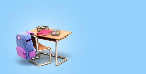 istock school desk and chair with school supply 3d render on blue gradient 1413980072