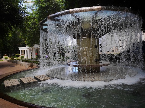 Fountain in public park Aiazmoto in Stara Zagora, Bulgaria (Bulgarian: Фонтан в  парк Аязмото, Стара Загора, България). The photo is taken with DJI quadcopter Mavic III