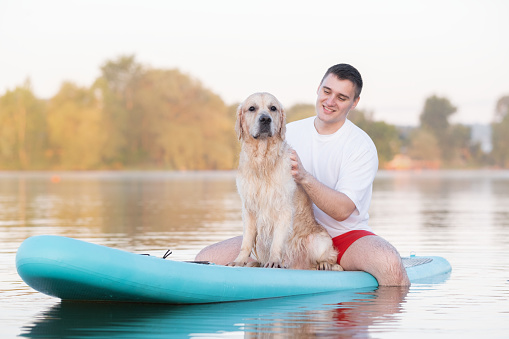 The dog sits on the paddleboard with the owner. A man and a golden retriever float down the river at dawn.