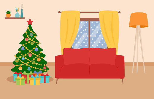 Christmas Living Room With Christmas Tree, Gift Boxes, Sofa And Snowfall Through The Window