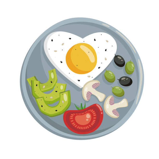 ilustraciones, imágenes clip art, dibujos animados e iconos de stock de huevos revueltos en forma de corazón en el plato. desayuno saludable. ilustración plana vectorial de un huevo. - eggs breakfast heart shape fried egg