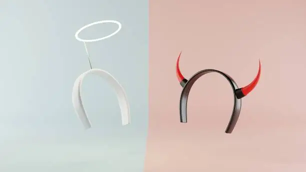 Photo of 3d rendering, 3d illustration, angel and devil headband on different color background, comparison symbol