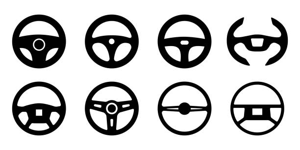 illustrazioni stock, clip art, cartoni animati e icone di tendenza di volanti per auto 8 set vettoriale icona materiali bianco e nero - steering wheel