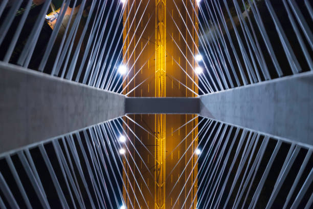 highway suspension bridge at night (aerial) - wroclaw traffic night flowing imagens e fotografias de stock