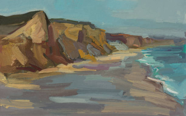 istock Beach sea mountain oil painting. 1413984798