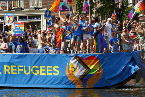 Amsterdam, the Netherlands, August 6 2022: Amsterdam Pride 2022 Canal Parade