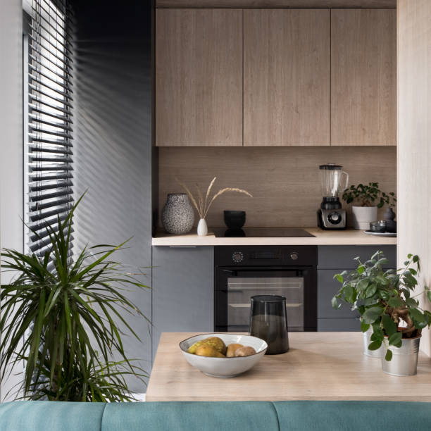 modern kitchen with small island, close-up - green studio imagens e fotografias de stock