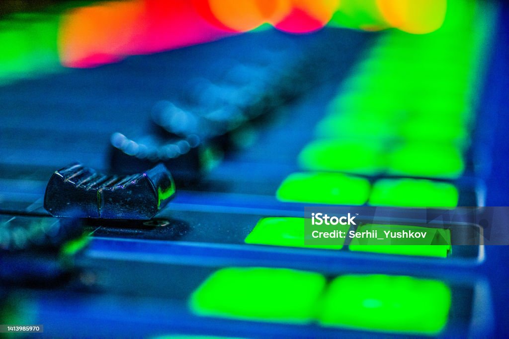audio video tele timeline with buttons indicators toggle switches close-up with beautiful defocus. music television technology concept Audiovisual Stock Photo