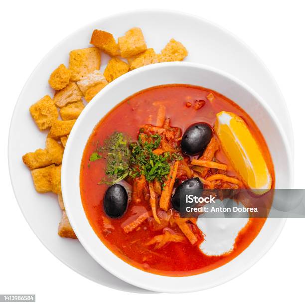 Hodgepodge Soup In Ceramic Pot On White Stock Photo - Download Image Now - Above, Baked, Celebration