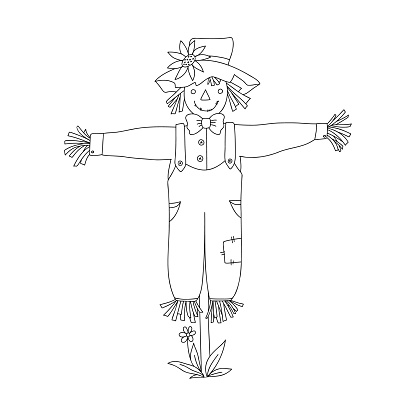 Smiling scarecrow character in line style for coloring page. Vector outline funny illustration on white