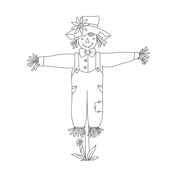 Smiling scarecrow character in line style for coloring page. Vector outline funny illustration isolated on white Smiling scarecrow character in line style for coloring page. Vector outline funny illustration on white autumn coloring pages stock illustrations