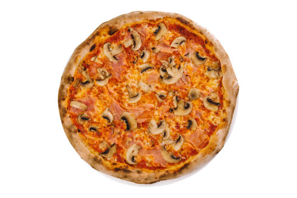 istock Thin crust italian pizza with tomato sauce, cheese, ham and mushrooms 1413987834