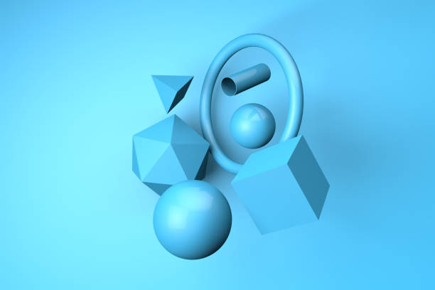 istock 3D render of abstract geometric shapes on a blue background. Minimalistic concept. Ball, torus, cube, pipe, platonic, pyramid, icosa. 1413989072
