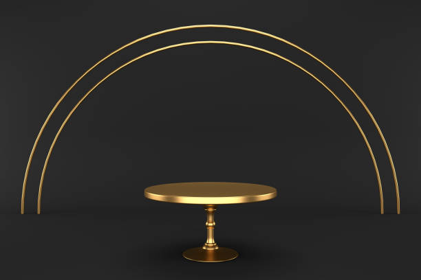 Gold empty cake stand on a black background. 3d rendering. Festive background.