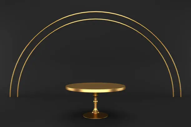 Gold empty cake stand on a black background. 3d rendering. Festive background.