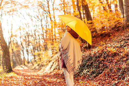 Woman relaxing while taking a walk through a forest path on a sunny autumn day, enjoying colorful autumnal foliage and spending time outdoors