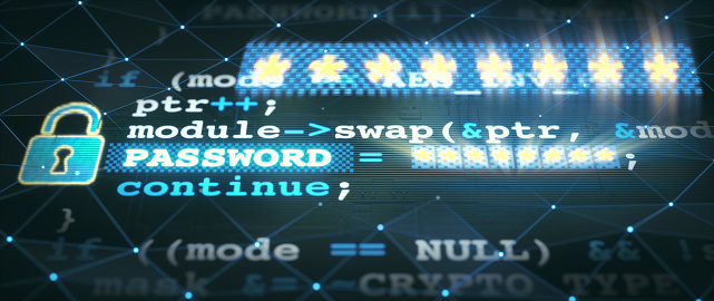 Programming language source code with a password input field and a padlock on a dark blue surface. Close up composition with motion blur.