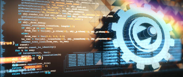 abstrakcyjna koncepcja projektowania wspomaganego komputerowo z kodem języka programowania python, danymi komputerowymi i niebieskim planem modelu przekładni siatki 3d. - python zdjęcia i obrazy z banku zdjęć