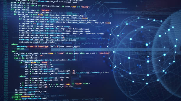 codice del linguaggio di programmazione python incandescente su una superficie digitale blu con una sovrapposizione di infografiche di progettazione a griglia di sfera. - codifica foto e immagini stock