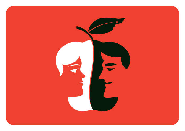 woman facing evil man with apple silhouette vector illustration of woman facing evil man with apple silhouette diabolic stock illustrations