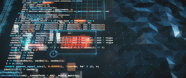 Abstract graphical user interface, with python programming language code, graphical glitches and glowing digital infographic overlay.