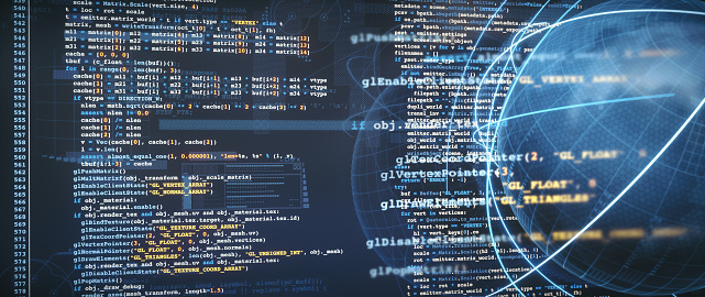 Python programming language code on a blue digital surface with an infographics 3D globe sphere design overlay and connecting communication lines.