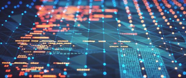 istock Colorful computer language background design on a dark surface with a wide blue glowing digital grid overlay. Surface level, defocused composition. 1413991131