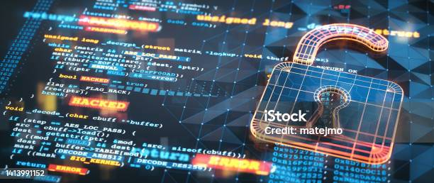 Abstract Computer Security Design Concept With Programming Language Code The Word Hacked And A 3d Glowing Wire Mesh Padlock Model Closeup Composition With Glitched Graphical Effects And Colorful Warning Messages Stock Photo - Download Image Now