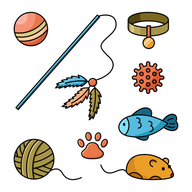 ilustraciones, imágenes clip art, dibujos animados e iconos de stock de juego de dibujos animados vectoriales de juguetes y collar para gatos. iconos aislados de diferentes bolas, ratón y pez, caña con plumas y bola - clew bay