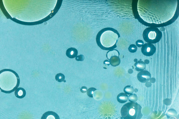 istock Yellow oil stains on blue water 1413992436