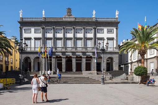Gran Canaria, Canary islands, Spain - March 15, 2019: Plaza de Santa Ana and the Town Hall building in the historic neighborhood of Vegueta, in the city of Las Palmas